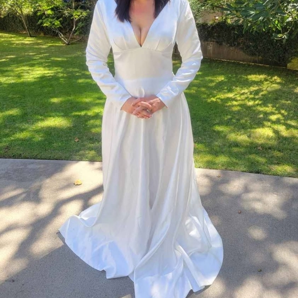 White Long Sleeve Satin Wedding Dress